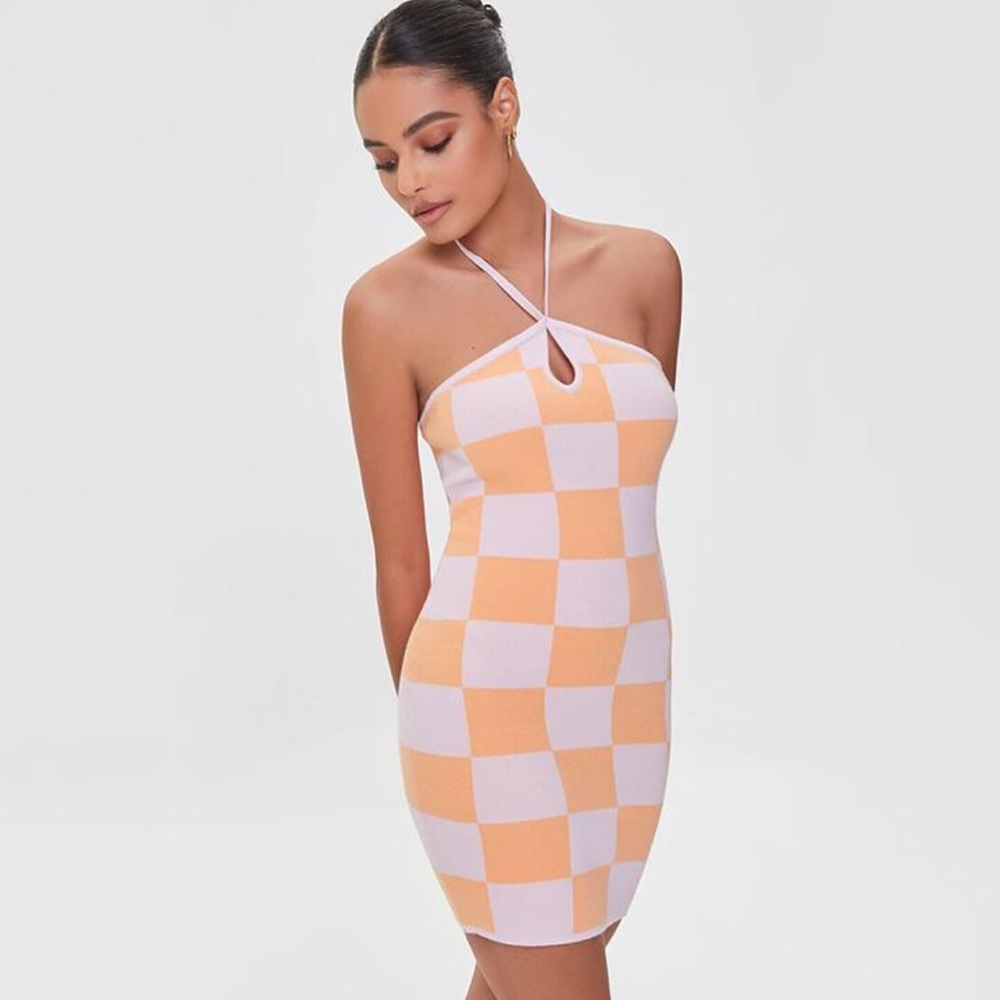 ASOS Pink and Orange Checkered Halter Mini Dress